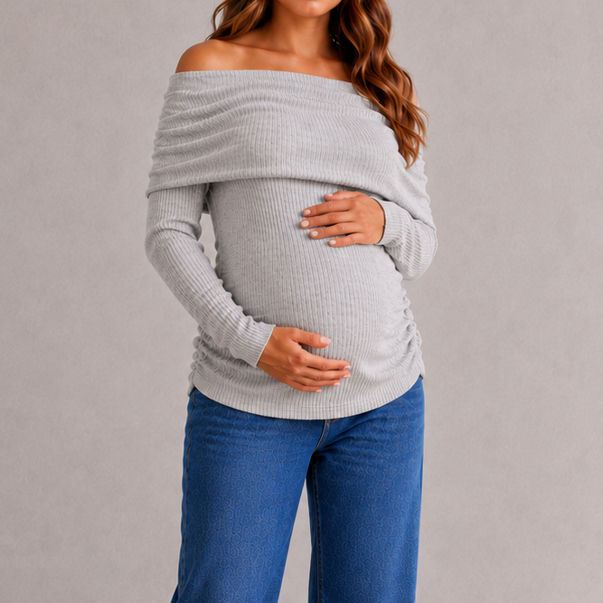 Blusa de maternidad en tejido de punto Rib – cuello bandeja - Gris claro