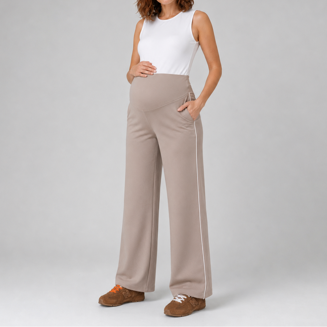 Pantalón materno palazzo oficina beige raya blanca