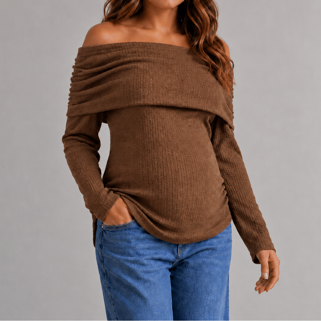 Blusa de embarazo cuello bandeja café moca look Ohmamá