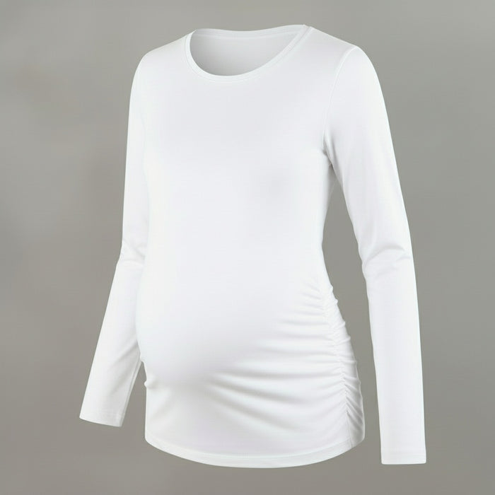 camiseta marterna pliegues laterales manga larga blanca ohmamá