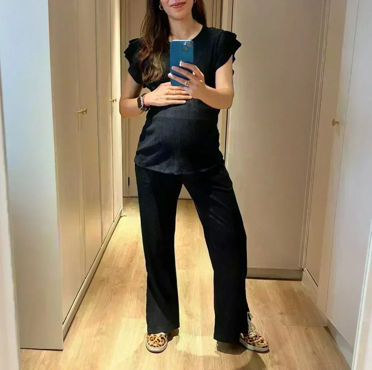 set maternidad palazzo blusa volantes rib