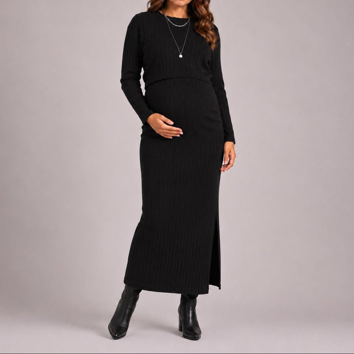 Set Materno Falda Larga y Blusa en RIB - Negro Ohmamá