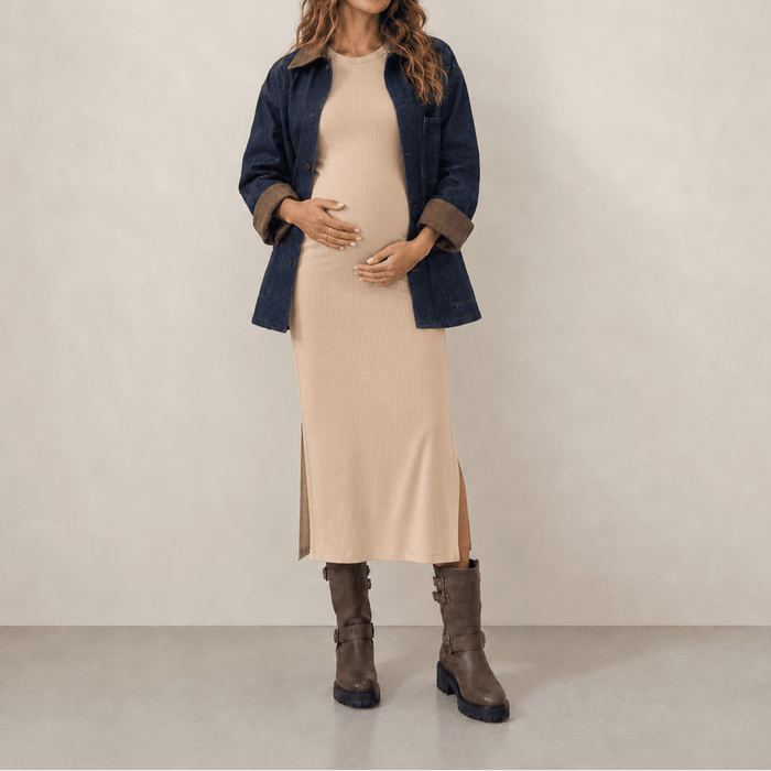 vestido materno olivia rib beige crema look