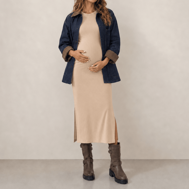 vestido materno olivia rib beige crema look