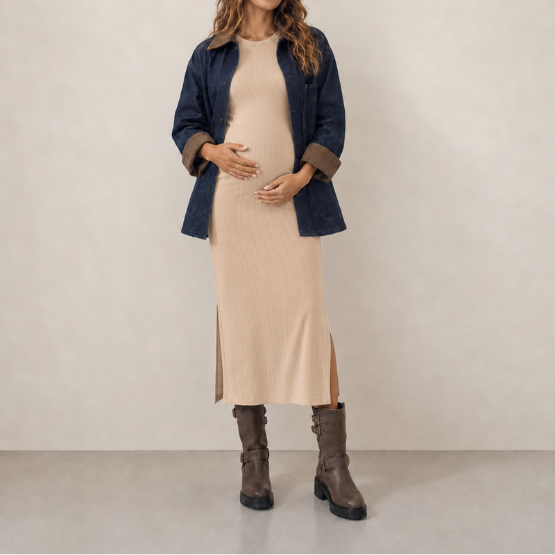 vestido materno olivia rib beige crema look